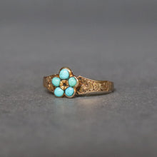 Load image into Gallery viewer, Antique Victorian turquoise pinky ring with pansy motif in 9ct gold
