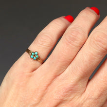 Load image into Gallery viewer, Antique Victorian era turquoise ring with pansy motif and floral engraved band. Pinky sized.
