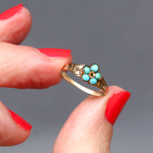 Load image into Gallery viewer, Antique Victorian era turquoise ring with pansy motif and floral engraved band. Pinky sized.
