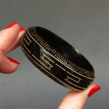 Load image into Gallery viewer, Antique Victorian pique tortoiseshell bangle bracelet with gold Greek key and star pattern motif.
