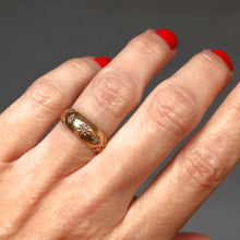 Load image into Gallery viewer, Antique Edwardian era three stone diamond gypsy stacking ring band with star setting in 18ct yellow gold and engraving to shoulders.
