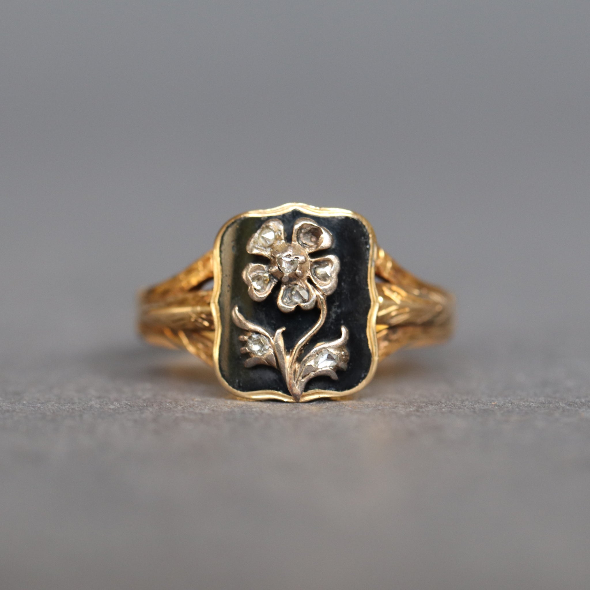 Antique Victorian era enamel ring with diamond pansy in 22ct gold