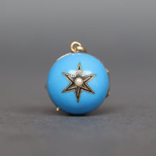 Load image into Gallery viewer, Antique ball pendant. Antique ball locket. Sphere locket. Sphere pendant. Orb locket. Orb pendant. Antique blue enamel star locket. Cerulean blue enamel locket. Star locket with pearl. Antique double-sided locket.
