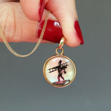 Load image into Gallery viewer, Antique Victorian era pendant lucky charm. Reverse carved Essex crystal depicting a chimney sweep in 14ct gold.
