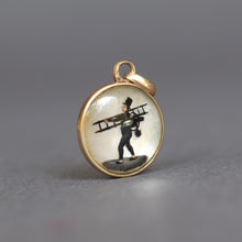 Load image into Gallery viewer, Antique Victorian era pendant lucky charm. Reverse carved Essex crystal depicting a chimney sweep in 14ct gold.
