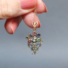 Load image into Gallery viewer, Antique giardinetto giardinetti italian pendant. Flowers plant in a vase amphora with diamonds, rubies, emeralds and sapphires in 14ct gold.

