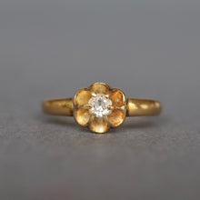 Load image into Gallery viewer, Antique Edwardian belcher flower head diamond solitaire ring with full hallmarks in 18ct gold. Engagement ring.

