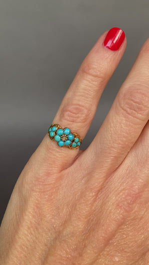 Antique Victorian era mourning ring with turquoise and diamond in a forget-me-not design. Pinky ring.