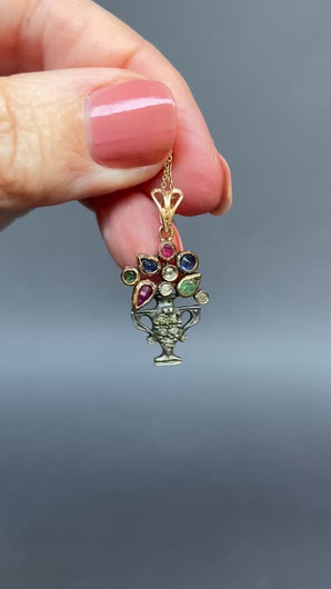Antique giardinetto giardinetti italian pendant. Flowers plant in a vase amphora with diamonds, rubies, emeralds and sapphires in 14ct gold.