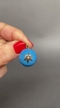 Load and play video in Gallery viewer, Antique ball pendant. Antique ball locket. Sphere locket. Sphere pendant. Orb locket. Orb pendant. Antique blue enamel star locket. Cerulean blue enamel locket. Star locket with pearl. Antique double-sided locket.
