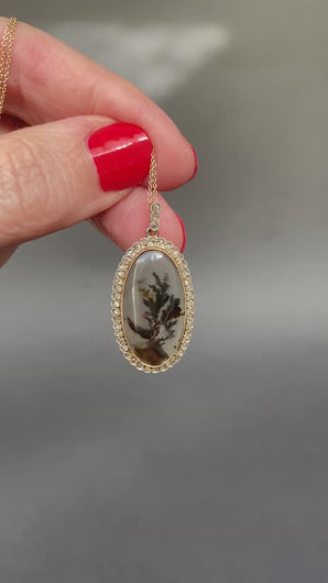 Antique art nouveau era dendritic agate pendant with diamond border in silver and gold. Oval shaped. Natural.
