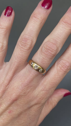 Antique three stone stacking band ring, with old cut diamonds (0.4ct) in a gypsy setting. D-shaped. 