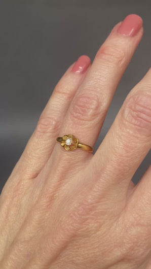 Antique Edwardian belcher flower head diamond solitaire ring with full hallmarks in 18ct gold. Engagement ring.