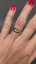 Load and play video in Gallery viewer, Antique Edwardian era three stone diamond gypsy stacking ring band with star setting in 18ct yellow gold and engraving to shoulders.
