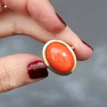 Load image into Gallery viewer, Vintage cocktail ring. Vintage coral ring. 1970s coral ring. 70s coral ring. Cabochon coral ring. Red coral ring. Coral statement ring. Coral cocktail ring.
