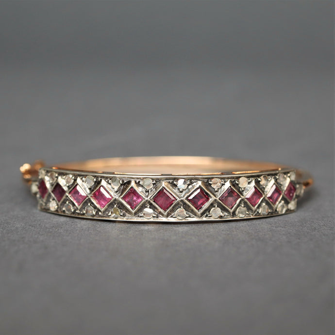 Antique ruby bangle. Antique diamond bangle. Antique ruby and diamond angle. Victorian ruby bangle. Victorian diamond bangle. Victorian ruby and diamond bangle. Checkerboard bangle. Checkerboard bracelet. Antique Edwardian bangle. Edwardian ruby bangle. Edwardian diamond bangle. Edwardian ruby and diamond bangle. Antique ruby and diamond bracelet. Antique ruby bracelet. Antique diamond bracelet.
