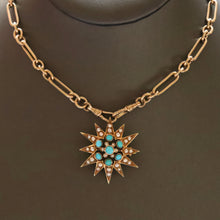 Load image into Gallery viewer, antique Victorian turquoise pearl converter pendant star starburst 15ct 15k gold pin brooch vintage jewelry jewellery
