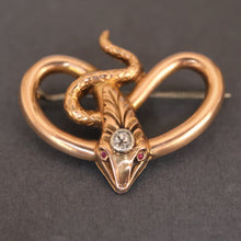 Load image into Gallery viewer, antique Victorian snake serpent brooch pin 15ct 15k gold diamond spinel acanthus coiled scales vintage jewelry jewellery
