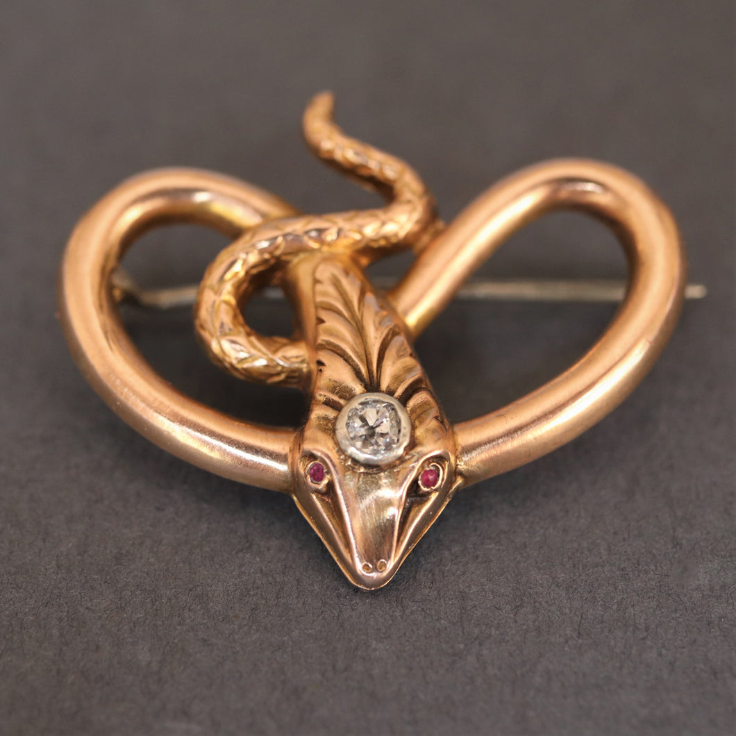 antique Victorian snake serpent brooch pin 15ct 15k gold diamond spinel acanthus coiled scales vintage jewelry jewellery